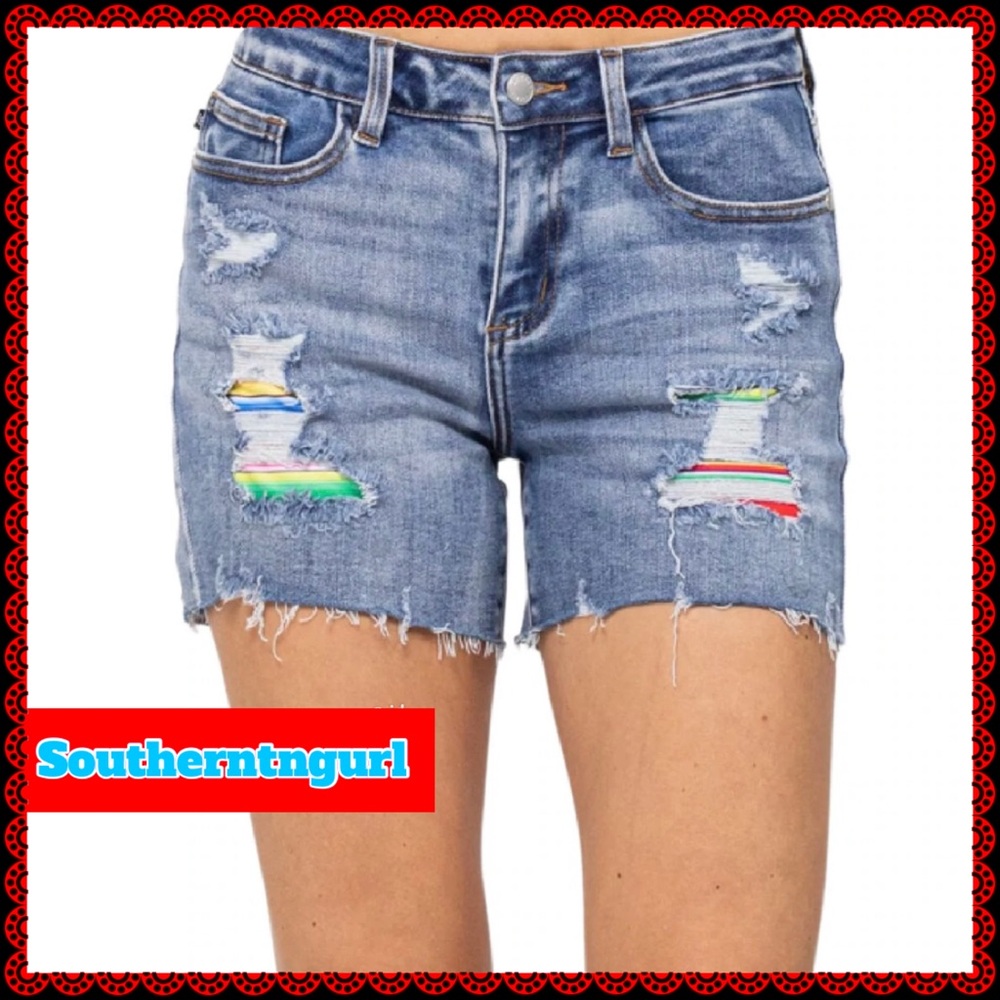 NWT JUDY BLUE Distressed Serape Patch Mid Rise Shorts